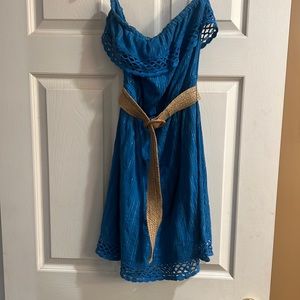 Trina Turk belted strapless blue metallic silver striped dress